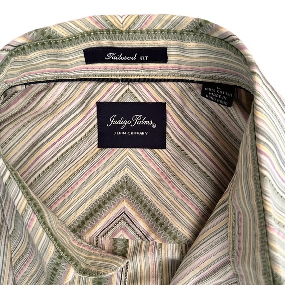 INDIGO PALMS ~ Men's Green and Off White Embroidered Striped Shirt size L - Picture 3 of 7